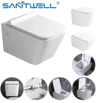 China Popular Ceramic WC Public Wall Hung Toilet With UF Soft Closing Seat Cover for sale