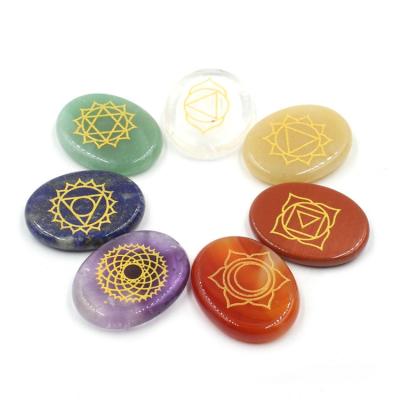 China China 7 Chakra Oval Stones Set Natural Healing Crystal With Symbols Engraved Worry StoneTherapy Excellent Aid Worry Orgone Treatment for sale