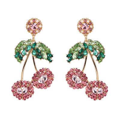 China FASHIONABLE gold plated green leaf red and pink cherry earrings for women candy fruit dangle earring for teen girls for sale