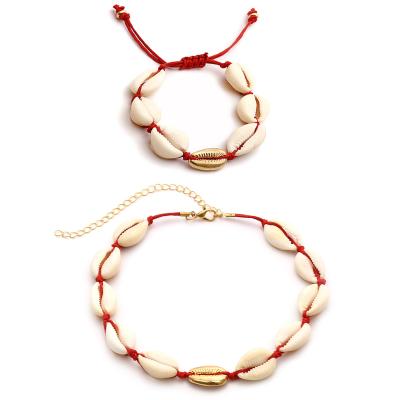 China Religious Natural Gold Shell Beach Necklace Bracelet Set with Red Rope Black Rope Ladies Necklace Bracelet Jewelry for sale