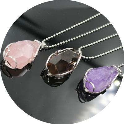 China FASHIONABLE Natural Raw Faceted Pendant Treatment Irregular Chakra Crystal Necklace Amethyst Necklace Women Stainless Steel Wire Wrap for sale