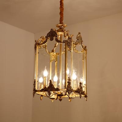 China IP20 Rated French Vintage Style Gilt Bronze Hanging Lantern Chandelier with Engraved Glass Panels 4 Light for sale