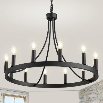 China LOHAS 12-Lights Wagon Wheel Chandelier Dining Room Wrought Iron Light Fixture Black for Bedroom Living for sale