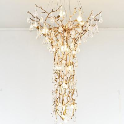 China Modern Hotel Large Tree Branch Chandelier Brass Hanging Light Fixture Crystal Long for High Ceiling zu verkaufen