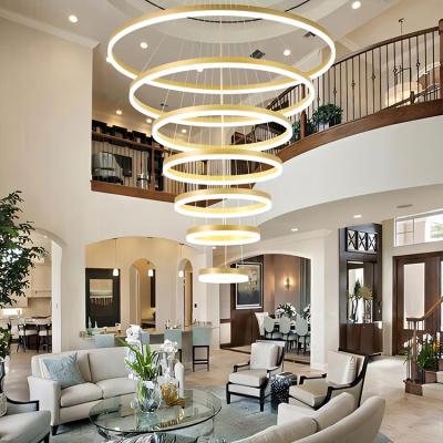 China Nuevo Producto Iluminación del hogar de acrílico de aluminio de hierro Sala de estar Villa Escalera Lustrero 98w Modern Ring Pendant Light en venta