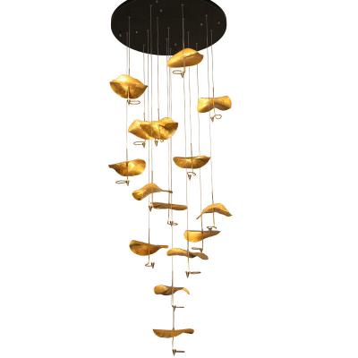 China modern luxury all copper led hanging lamp brass lotus leaves pendant lights stairway chandelier for sale