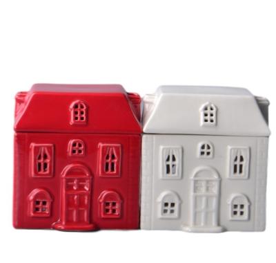 China Porcelain House shape tealight candle holder red white Aromatherapy Ceramic oil burner wax melt for home decoration for sale