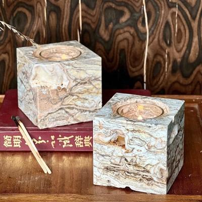 China Natural Stone Handmade Candlestick Holder Travertine Beige Marble Candle for Wedding Centerpiece Table Decorations zu verkaufen