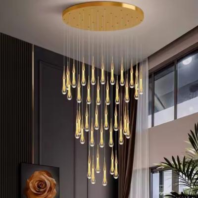 China Round Cluster Raindrop Long Large Crystal Glass Chandelier for Luxury Villa Staircase for sale