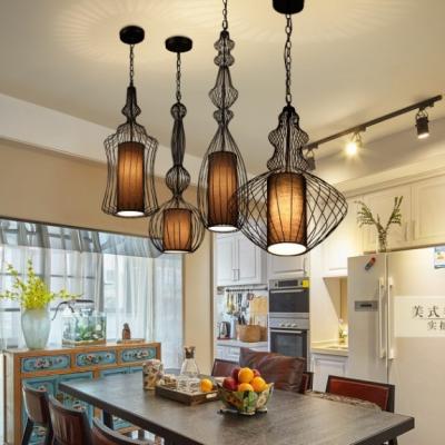 China Industry Cage Pendant Lamp with Brown Fabric Shade and Dimmer LED Chandelier Lights zu verkaufen