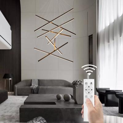 中国 Minimalist Style Black Linear Pendant Light with Long Steel Hanging Support Dimmer Large LED Stair Chandelier Lighting 販売のため