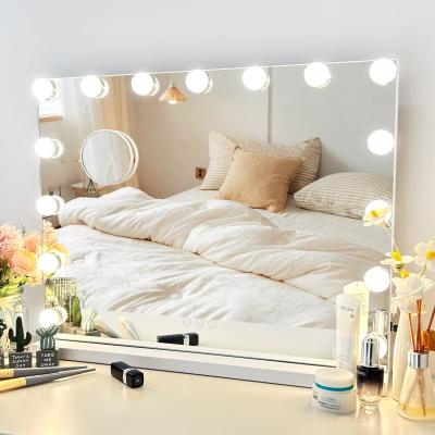 China Customers' Logo Hollywood Lighted Makeup Mirror with 15 Dimmable LED Bulbs and Speaker Lifespan hours 750 Te koop