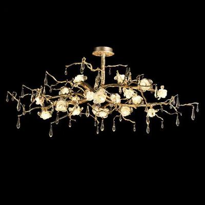 China Brass Tree Branch Chandelier with Flower Crystal Hotel Villa Art Deco Branch Light Fixture à venda