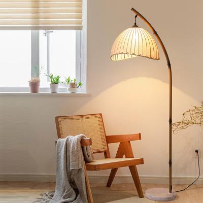 China Retro Zen Wabi Sabi Hotel Corner Decorative Arc Weaving Fabric Lampshade Marble Base Simulated Fishing Floor Lamp D15.74