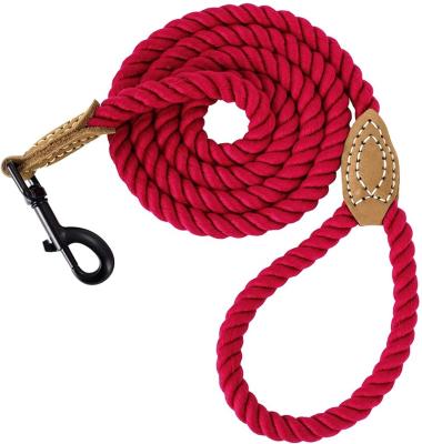 China Braided Padded Cotton Rope Dog Leash with Tailored Leather Handle and Heavy Duty Metal Sturdy Clasp for sale