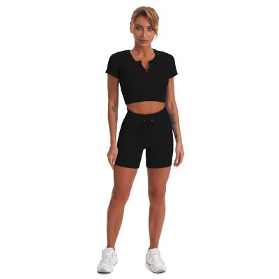 China Breathable Sexy Two Piece Gym Casual Clothes Workout Short Set Zipper Sleeves Yoga Shorts Sets for sale