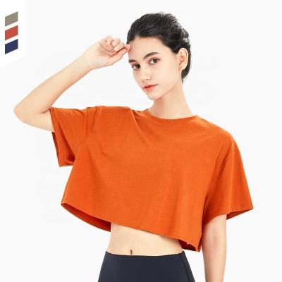 China Breathable Wholesale Custom Private Logo Yoga Wear Top Women Sports Female Short Sleeve Cross Stitch Fitness Clothing Yoga Top for sale