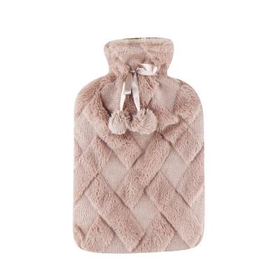 China Fabric good quality cheap printed rubber hot water bottle bag with embossed cover and grid plush pom poms for sale