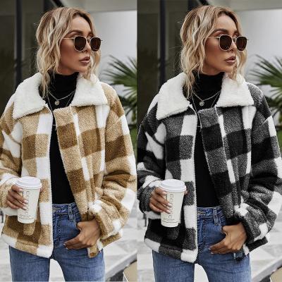 China Wholesale Anti Wrinkle Women's Zipper Fleece Anti-Wrinkle Fashion Sherpa Plaid Flannel Jacket Coat For Women Woolen Coat 2021 Elegant for sale