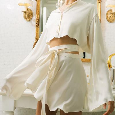 China 2 Pieces Skirt Anti-Wrinkle Anti-Wrinkle Elegant Silk Satin Two Set Teams Women Autumn Fashion Long Sleeve Blouse 2021 Shirts Skirts Matching Sets for sale