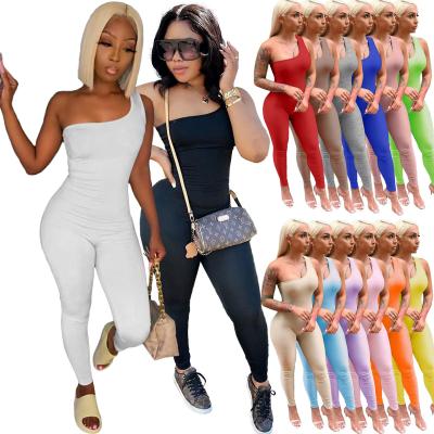 China Custom Solid Summer Anti-pilling Anti-pilling Overalls For Women Fitness One Piece One Shoulder Ladies Overall Sleeveless Playsuit for sale