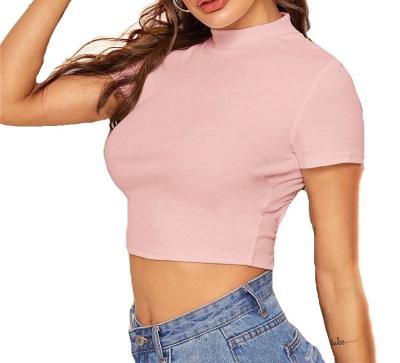 China 2022 Wholesale Custom Anti-Wrinkle Mock-Neck Crisscross Back Sexy Crop Top Tee for sale