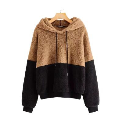 China Anti-wrinkle Winter Women's Cashmere Warm Open Shoulder Drawstring Loose Color Women's Hoodie Sweatshirt for sale