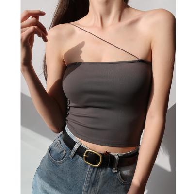 China Wholesale Custom Sexy Diagonal Flat Strap Small Shoulder Strapless Black Anti-wrinkle Vintage Slim Strapless Top for sale