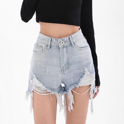 China High waist design sense of summer women's custom made light blue QUICK DRY new jeans short pants hole washing for sale