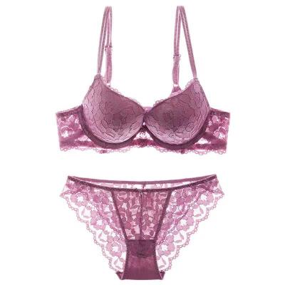 China Hot Selling 958# Women Breathable Lace Up Bra Set Fashion Transparent Lace Push Up Bra Panty Set Women Underwear Set for sale