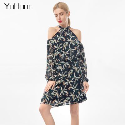 China High Quality Anti-static French Ruffled Slim Fitted Dress Off-the-Shoulder With Long Thin Chiffon Print Skirt for sale