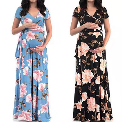 China 2021 Summer New Style Beautiful V-neck Maternity Warm Antibacterial Long Dress Mother's Short Sleeve Dress for sale