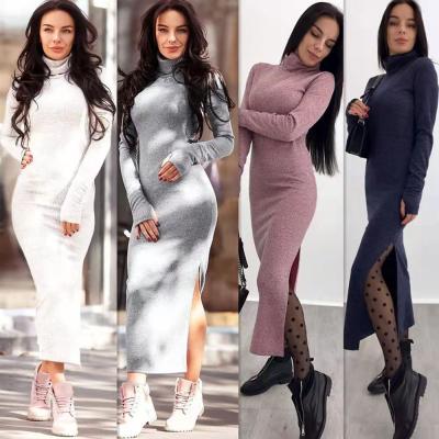 China Anti-Static Slim Fit Dress Spring / Autumn High-Neck Knit Slit Long Sleeve Wrap Dress for sale