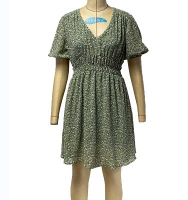 China Anti-Static Ladies Dress V Neckline Bubble Sleeve Print Short Casual Dress for sale