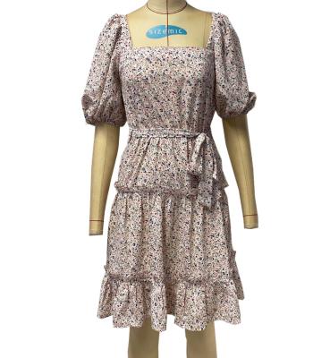 China Anti-Static Ladies Dress Printed Square Neck Bubble Sheath Casual Pleated Dress for sale