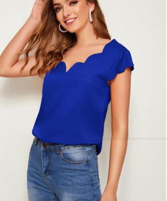 China Anti-Wrinkle Fashion Petal Casual V-Neck Blue Short Sleeve T-Shirt For Women for sale