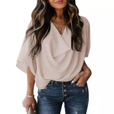 China 2021 Women Anti-pilling Chiffon Shirt Casual Loose V-Neck Short Sleeve Top for sale