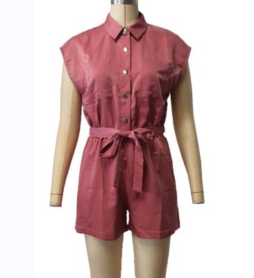 China QUICK DRY Lapel Button Brick Red Shorts Belt Short Sleeve Overalls For Women for sale