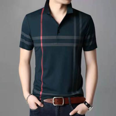 China Summer Men's T-shirt Anti-wrinkle Printing Lapel Short Sleeve Casual Striped Men's Youth Dip Shirt for sale