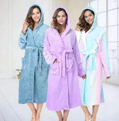 China Winter Thermal Plush Cardigan Homewear Hooded Waist Belt Long Pockets Ladies Pajamas for sale