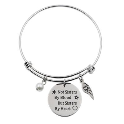 China TRENDY Fashion Wings Charm Sister Stainless Steel Bangle Expandable Bracelet Best Friend Friendship Jewelry Custom Gift for sale