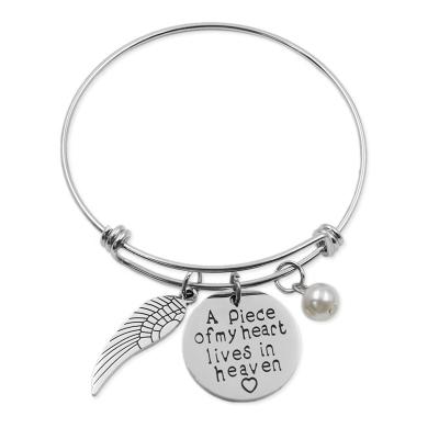 China Vintage A Piece Of My Heart Lives In Heaven Remembrance Loss Stainless Steel Charm Bracelet Bangle Women Memorial Jewelry for sale