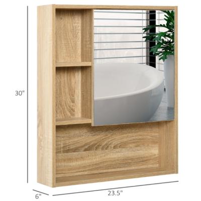 China QIHANG Modern Wall Mounted Wood Storage Bathroom Medicine Cabinet with Mirror Glass Door Adjustable Open Shelf - Oak for sale