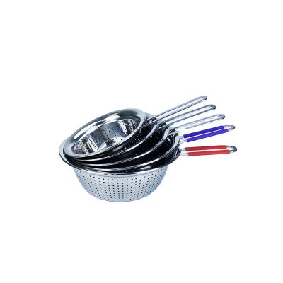 China Sustainable Vegetables Fruit Long Rice Single Use Handle Colander Stainless Steel Kitchen Sieve for sale