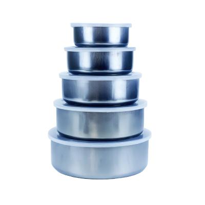 China Sustainable Round Stainless Steel Storage Containers Box 5pcs Set With Lid PP Plastic Food Storage Box for sale