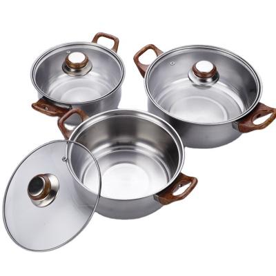 China 12 Pieces Sustainable Grain Handle Stainless Steel Wooden Pot For Cooking With Glass Cover Kitchenware Set for sale