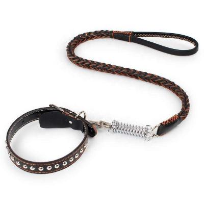 China Hand Knitted Viable Scare Leather Dog Traction Rope Large Dogs Shock Resistant Leather Collar and Leash for sale