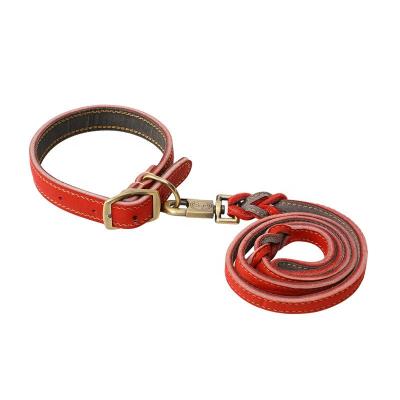 China Durable Durable 1.2m Cow Leather Pet Dog Leash Leather Collar Set For Medium Large Dogs for sale