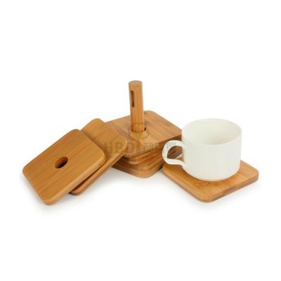 China Best Selling Sustainable 6-Pack Set Wooden Bamboo Coasters With Stand for sale