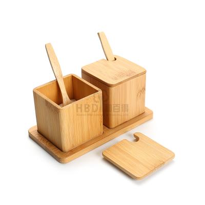 China 100% Sustainable Organic Bamboo Salt and Sugar Box Spice Bamboo Container with Lid and Spoon for sale